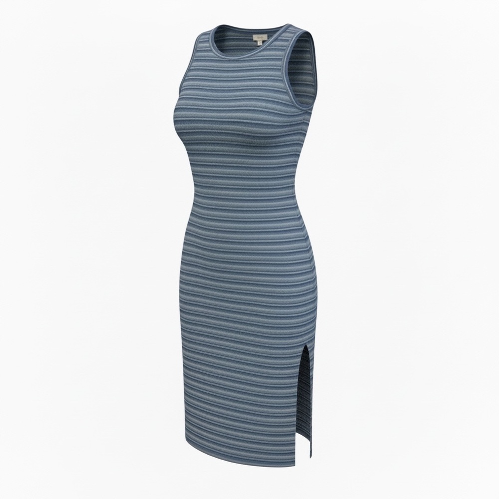 Ann Taylor LOFT Midi Striped 90's Style Blue Ribbed Knit Soft Dress Size Large